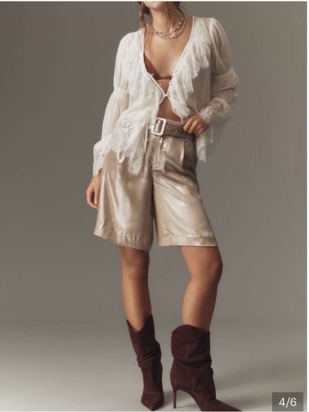 Anthropologie Liquid Shine Bermuda Belted High-Rise Shorts in Beige Silver foil
